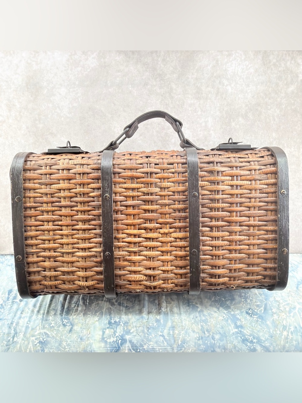 Pottery Barn Woven Rattan Travel Trunk in Brown with Dark Trim vintage